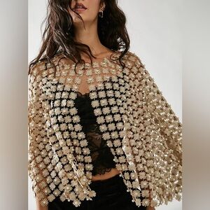 Embellished Floral Pearl Mesh Cape Sweater - White